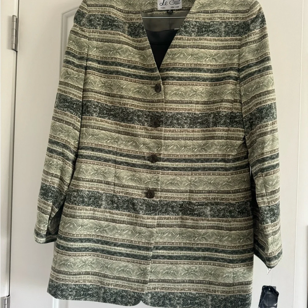 LE SUIT Women VintageGreen Striped Button Down Blazer Jacket w/Skirt-Sz 10 (NEW)